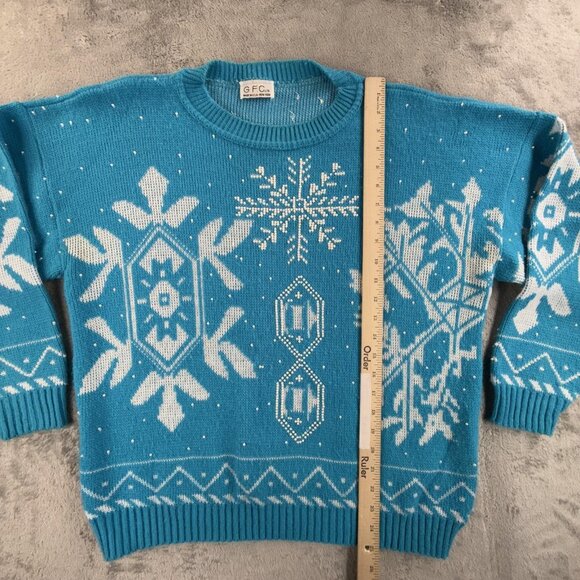 Vintage G.F.C. LTD Sweater Womens Medium Blue White Snowflake Beaded Made USA - Picture 7 of 15